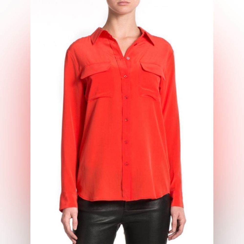 Equipment Femme 100% Silk Bright Orange Button Down Shirt XS